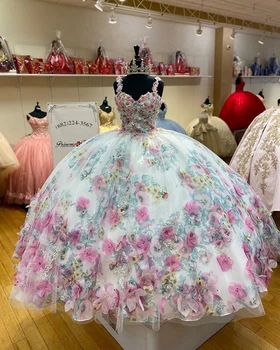 2021 de Quinceañera Vestido de Bola Vestidos de 3D Floral Flowrs Dulce 16 Vestido de la Longitud del Piso Coloridas Hinchadas Vestido de Fiesta vestidos de 15 años