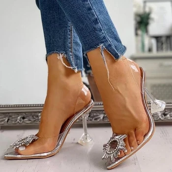 2021 mujeres zapatos de tacón alto de la moda de verano en punta delgada talón antideslizante transparente pedrería sexy de la boda casual bombas de las señoras