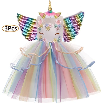 2021 Niñas Unicornio Tutu Vestido De Arco Iris De La Princesa De Los Niños Vestido De Fiesta De Los Niños De Navidad De Halloween Traje De Cosplay Con Diadema Alas