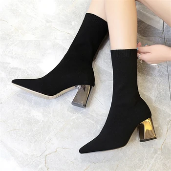 2021 nuevas Botas de Tobillo de la Mujer Sexy zapatos de Tacón Alto Estiramiento de Calcetín de Botas de mujer de Moda Otoño Punto Zapatos de las Señoras de Negro Botines Chelsea