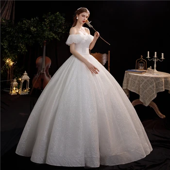 2021 Nuevo Blanco Fuera del Hombro Vestido De Noiva Vestido de Novia Piso hecho a medida de la Novia Más el Tamaño de vestido de Princesa Real Mariage