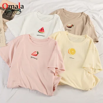 2021 Verano de Manga Corta O de Cuello Suelta la camiseta de corea kawaii fruta Impreso Camiseta de las Mujeres harajuku girls Camiseta rosa blanco Tops