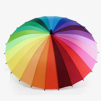 24K de la Costilla de Color del arco iris de la Moda de Mango Largo Recto Anti-Uv del Sol/Palo de Lluvia Paraguas Manual de Gran Sombrilla
