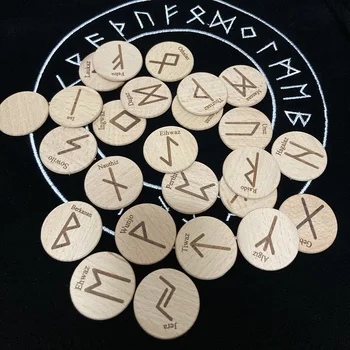 25pcs/set de madera hechos a mano Vikingo runas y símbolos de perlas Gitana runa de la Adivinación signo asistente ritual accesorios con bolsa de tela