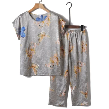 2PCS Conjunto de Pijama de la Mujer Pijamas ropa de dormir de Verano de las Señoras de Satén de Seda Pijamas De Mujer Floral de la Impresión de Pijamas Más el Tamaño 4XL