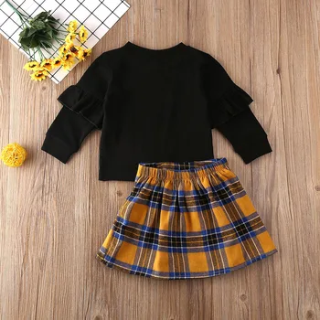 2pcs Niño Bebé Niña Manga Larga Negro Sweatershirt Tops+Amarillo Plaid Falda Mini Vestido de Trajes Conjunto de Ropa 1-9Y