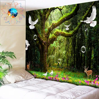 3D Hippie Bosque de Galería Animal de Aves de Flores Colgantes Tapiz de Boho Decoración para el Hogar Psicodélico Tapiz del Árbol de tapiz de pared de tela