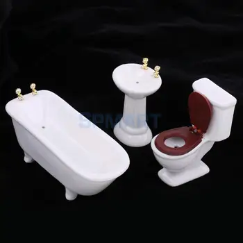 3Pcs Escala 1/12 casa de Muñecas en Miniatura de Cerámica Blanca de Baño Bañera Conjunto de la Decoración de los Muebles de Muñecas Accesorios Juego de fantasía de Juguetes