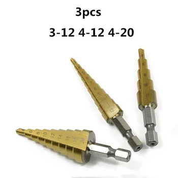 3pcs HSS de Acero de Titanio Paso de la Broca 3-12mm 4-12mm 4-20mm Paso de Cono de Herramientas de Corte de Acero de la Carpintería de Madera de Metal de Perforación