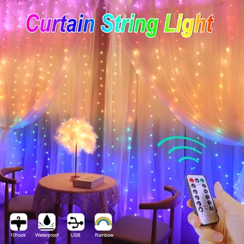 3x3M arco iris de la Cortina de la Cadena de Luces Luces de la Sala de Decoración 8Modes Impermeable LED de la Cortina de Luces de Hadas de la Pared de la Guirnalda con Ganchos Remoto