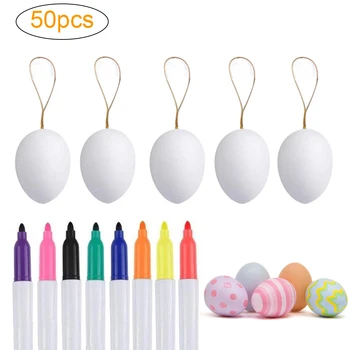 50 piezas de Plástico Blanco de los Huevos de Pascua Decorativos Huevos con Cuerda de Pascua de BRICOLAJE Pintura de Huevos con 8 Lápices de Color