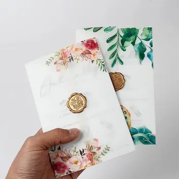 50pcs de impresión personalizados de diseño transparente de papel de envoltura para tarjeta de invitación de boda