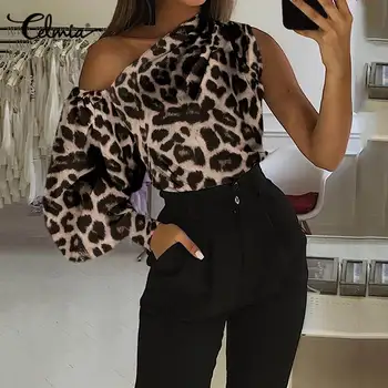 5XL Mujeres 2021 de la Moda de la Impresión del Leopardo de la Blusa Celmia Casual Frío Hombro de la Túnica con Tops de Manga Larga Casual Camisa Suelta Elegantes Blusas