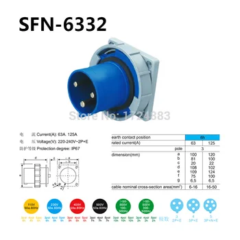 63A 3 polos conector Industrial macho y hembra de sockets SFN-1332/SFN-3332/SFN-4332/SFN-5332/SFN-6332 impermeable IP67 220-250V~2P+E