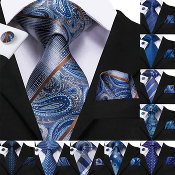 8.5 cm de Seda de los Hombres de Moda Azul de Paisley de Lazo de Corbata Pañuelo Gemelos Conjunto de los Hombres de la Fiesta de la Boda de Negocios Corbata