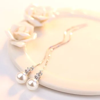 925 de la plata esterlina de la moda brillante de cristal de la perla señoras de largo aretes de las mujeres de la joyería femenina regalo de envío de la gota
