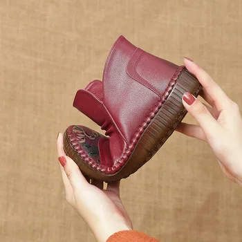 AARDIMI de Invierno de las Mujeres de Cuero de Vaca Botas Chelsea Para el calentamiento de la Felpa de la Madre de Zapatos de Mujer de Impresión de Coser Plana Con Botas Calzado Casual