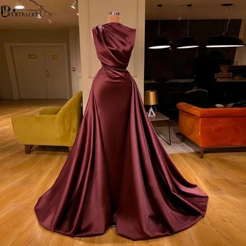 Abendkleider 2020 Borgoña Marroquí Kaftan Musulmán Vestido De Noche Pliegues De Satén Árabe Sirena Dubai Vestido Formal Largo Vestidos