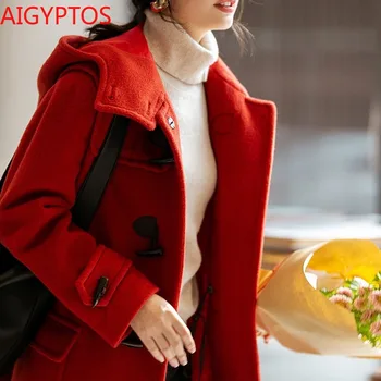 AIGYPTOS 2020 Nuevo Rojo Fuego Edad Cuerno Hebilla Casual Llama Abrigo de Lana Abrigo de Lana Mujer