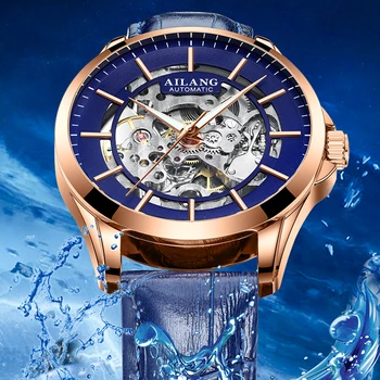 AILANG Transparente Esqueleto Dial Relojes para Hombre de la Marca Superior de Lujo de Cuero Azul Automático de Moda Reloj Mecánico Reloj Luminoso