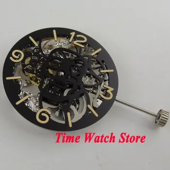 Ajuste de reloj de los hombres 17 Joyas de plata de Asia Completo Esqueleto mecánico 6497 Mano-movimiento de cuerda con esfera esqueleto negro M16