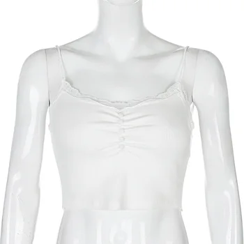ALLNeon Y2K Streetwear Fruncido Botones Blancos Cami Tops de la década de 2000 la Estética de Encaje U-cuello sin Mangas de la Cosecha de Tapas de la Correa de Espagueti