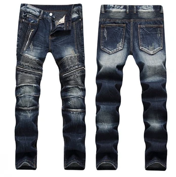 Alta calidad de los Hombres de Moda Angustiado Ripped Jeans Slim Fit de la Motocicleta de Moto del Motorista Jeans de Denim Elástico de Hip hop Punk Jeans