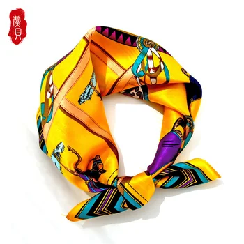 Amarillo natural de la bufanda de seda para las mujeres impreso caballo real de seda de 50cm pequeña plaza blanda de alta calidad pañuelo de regalo para la señora