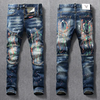 Americana De Ropa De Los Hombres De La Moda De Jeans Pintados Diseñador Slim Fit Elástico Punk Pantalones Empalmados Ciclista Jeans Homme Hip Hop Pantalones