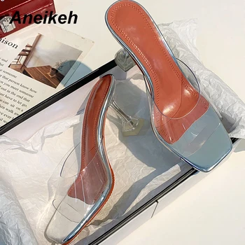 Aneikeh de PVC de Diapositivas de las Mujeres de la Playa de las Mujeres de la Moda de Tacón Sandalias Zapatillas del Dedo del pie Cuadrado Elegante Zapatillas de Damas de la Jalea de los Zapatos de Tamaño 34-42