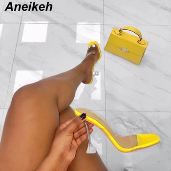 Aneikeh Zapatillas Slip Finos Tacones de Diapositivas de PVC Jelly Zapatillas de Dedo del pie Abierto de Spike Tacones de Cristal de las Mujeres de las Mujeres Transparentes Talón 7m