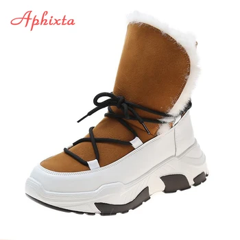 Aphixta 5cm de Aumento de Altura de la Plataforma de Botas de Nieve Para Mujer de los Zapatos de Invierno Impermeable Cálida Felpa cordones de Calzado de Arranque de la Mujer