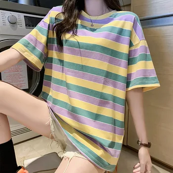Arco iris de la raya de las mujeres T-shirts 2020 Verano Harajuku Camiseta de corea Tops Kawaii Streetwear Camiseta Mujer L0728