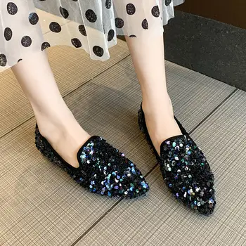 Astilla de Lentejuelas Pisos de las Mujeres de Cuero Mocasines Niñas Estudiante Bling-bling Plana Casual Zapatos para Mujer Calzado de Caminar 2020 de la Nueva Llegada