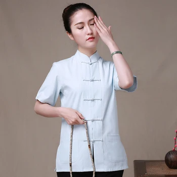 Azul claro Algodón Chino Tradicional de las Mujeres de Kung Fu Blusas Tang Traje de Camisas Tops Camisa blusa tops Más el Tamaño 3XL