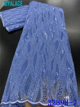 Azul real africana de la boda de la tela de encaje de alta calidad africano de Nigeria neto de la tela de encaje con bordado de lentejuelas vestido de encaje 3289b