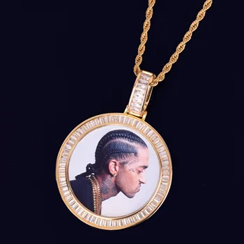 Baguette de Circón de encargo de la Foto Medallones de Collar y Colgante Con 4 mm de Tenis de la Cadena de Oro de Color de los Hombres de Hip hop Rock de la Joyería