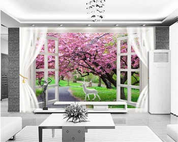 Beibehang 2020 nuevas personalizada en 3D fondo de pantalla en 3d cortinas de las ventanas de los cerezos en flor paisaje ciervo TV fondo pared de artículos de decoración para el hogar