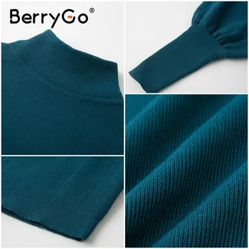 BerryGo Otoño invierno suéter de punto de cuello Alto Linterna Manga floja de las mujeres del suéter de Alta moda de la calle Pullover oficina de 2020