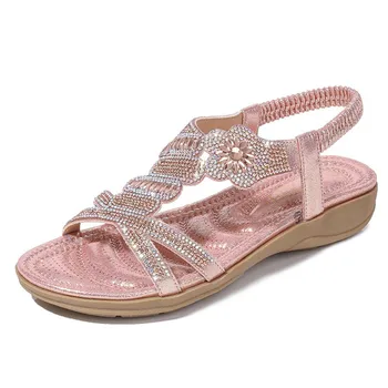 BEYARNE Moda casual sandalias de las mujeres planas de cuñas partido diamantes de gladiador verano niñas zapatos de tacones bajos Sandalias Mujer Feminina