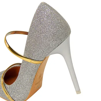 BIGTREE Tela con Lentejuelas de las Mujeres Zapatos de Oro de Palabra Doble Banda Superficial Tacones Bombas del Dedo del pie Puntiagudo de Fiesta Elegante de la Boda Zapatos de Mujer