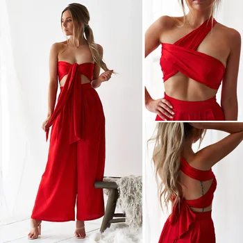 BKLD Mujeres de Dos piezas, Conjuntos de 2019 Verano Nueva Moda Mulitway Set de Dos piezas Top Y Pantalones Para el Club de Ropa de Mujer en Rojo 2 piezas