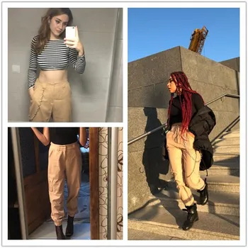 BKLD Verano De 2019 Mujeres de Cintura Alta Pantalones Harem, las Mujeres de la Moda Delgado del Color Sólido Pantalones Largos Hip Hop Pantalón de Streetwear Con Cadenas