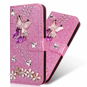 Bling del Diamante de la Flor de Mariposa de la Tarjeta Monedero de Flip Brillo de Cuero Cubierta de la caja Para el iPhone 12 Mini 11 Pro XS Max XR X 8 7 6 Plus SE