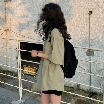 Blusa de Mujer Camisetas de Turn-down Cuello de Manga Corta de Verano Sólido Retro Bolsillos Sueltos para Mujer de la Calle Harajuku Estilo Todo-partido