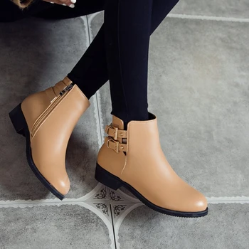 BLXQPYT botas de Cuero de las mujeres de Grueso Tacón Botas de Tobillo Para las Mujeres Puntera Redonda Invierno PLus tamaño 32 - 48 Zapatos de Plataforma de Botas de 7104