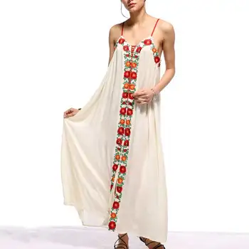 Boho Inspirado Verano Vestidos sin Tirantes bordado floral sexy Blanco Vestido maxi larga Vestidos de las mujeres hippie chic Vestido de Túnicas