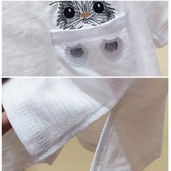 Bolsillo de manga corta T-shirt de las Mujeres de corea camiseta Lindo conejito bordado O-cuello de la camiseta Mujer Tops 2020 Gata de algodón de la Camiseta de la Nueva