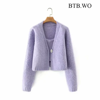 BTB.WO Za de las Mujeres de Moda Púrpura Decoración Recortada Chaqueta de Punto+Chaleco del Suéter de 2pcs Mujer ropa de Abrigo Chic Tops