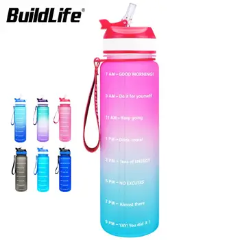 BuildLife Botella de Agua de 1L Gimnasio Portátil a prueba de Fugas de Fitness Hervidor de Tritan con Paja de Bicicletas Botellas de Cristalería Jarras Libre de BPA